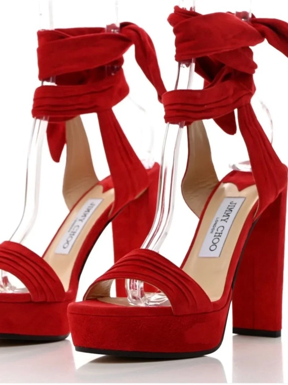 Jimmy Choo Red Soft Suede Kaytrin 120,5 inch Platform Block Heels with Ankle Bow